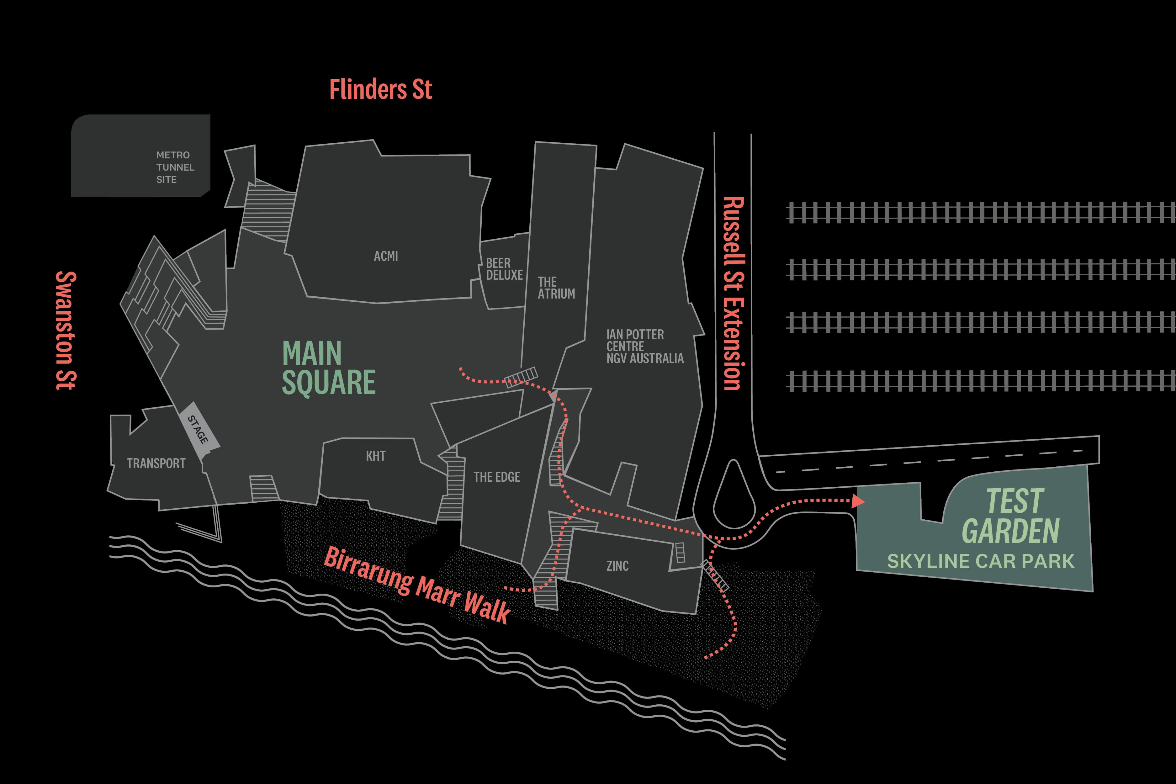 A top down map of Fed Square highlighting the Main Square in the centre and the Test Garden that is located above the car park. There are orange dotted lines to show patrons the pathway from diffferent parts of Fed Square to the Test Garden.