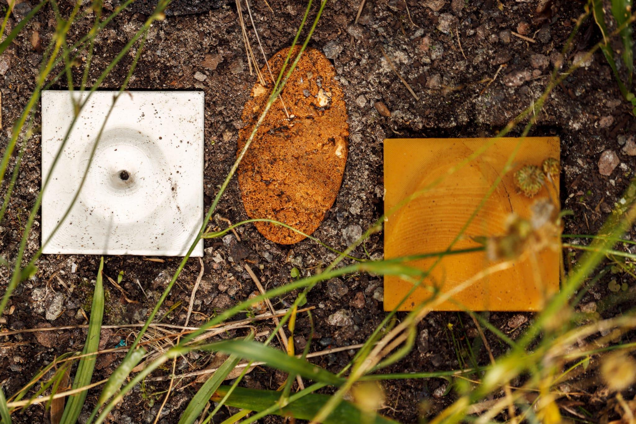 Close up of small sculptural tile artwoeks place in the soil of a garden. From left to right: white square, burnt orange oval, mustard square.