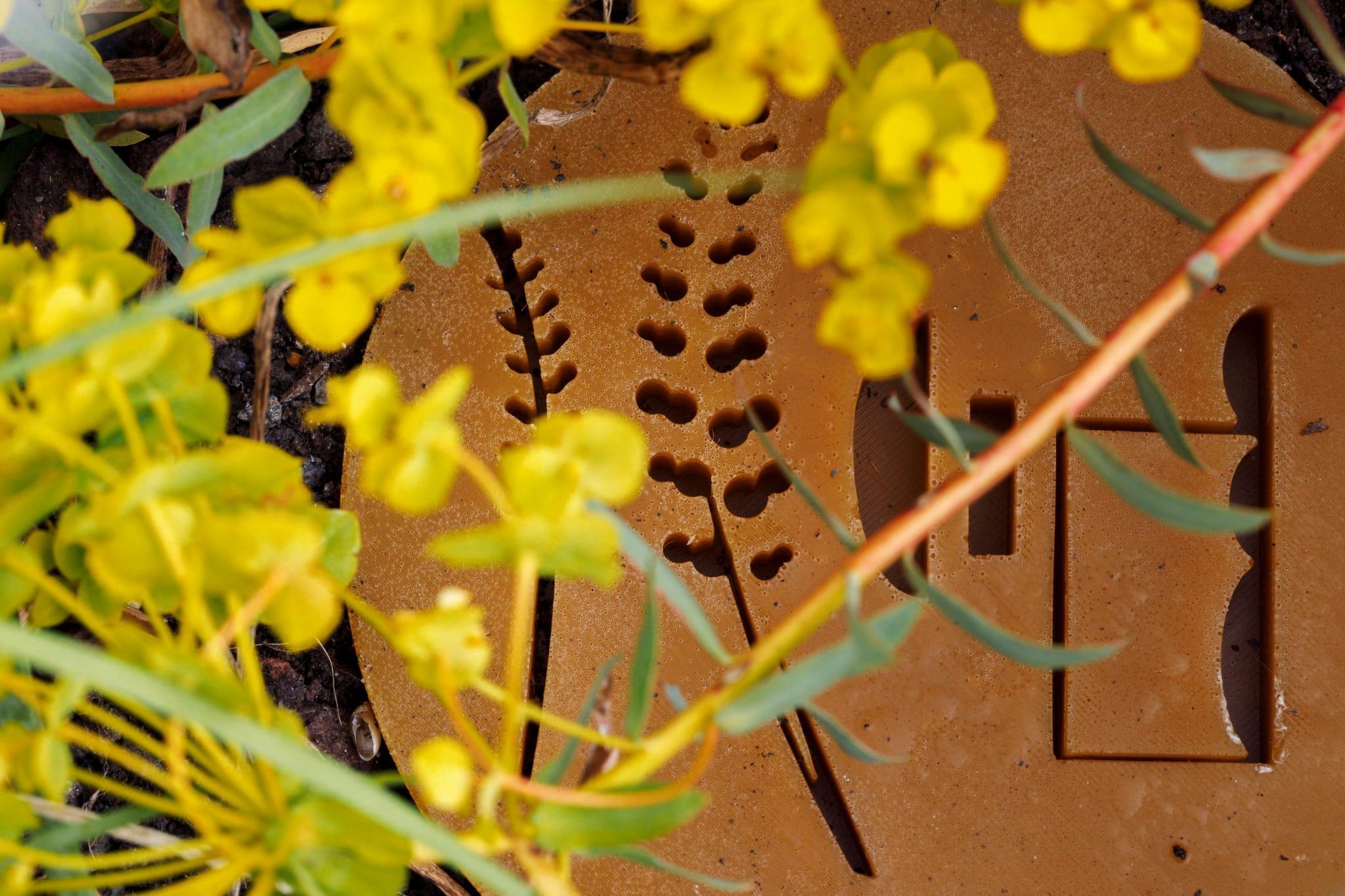 Close up of a small sculptural tile artwork placed in a garden, a circular tile imprinted with shapes, and yellow flowers are sitting over the tile.