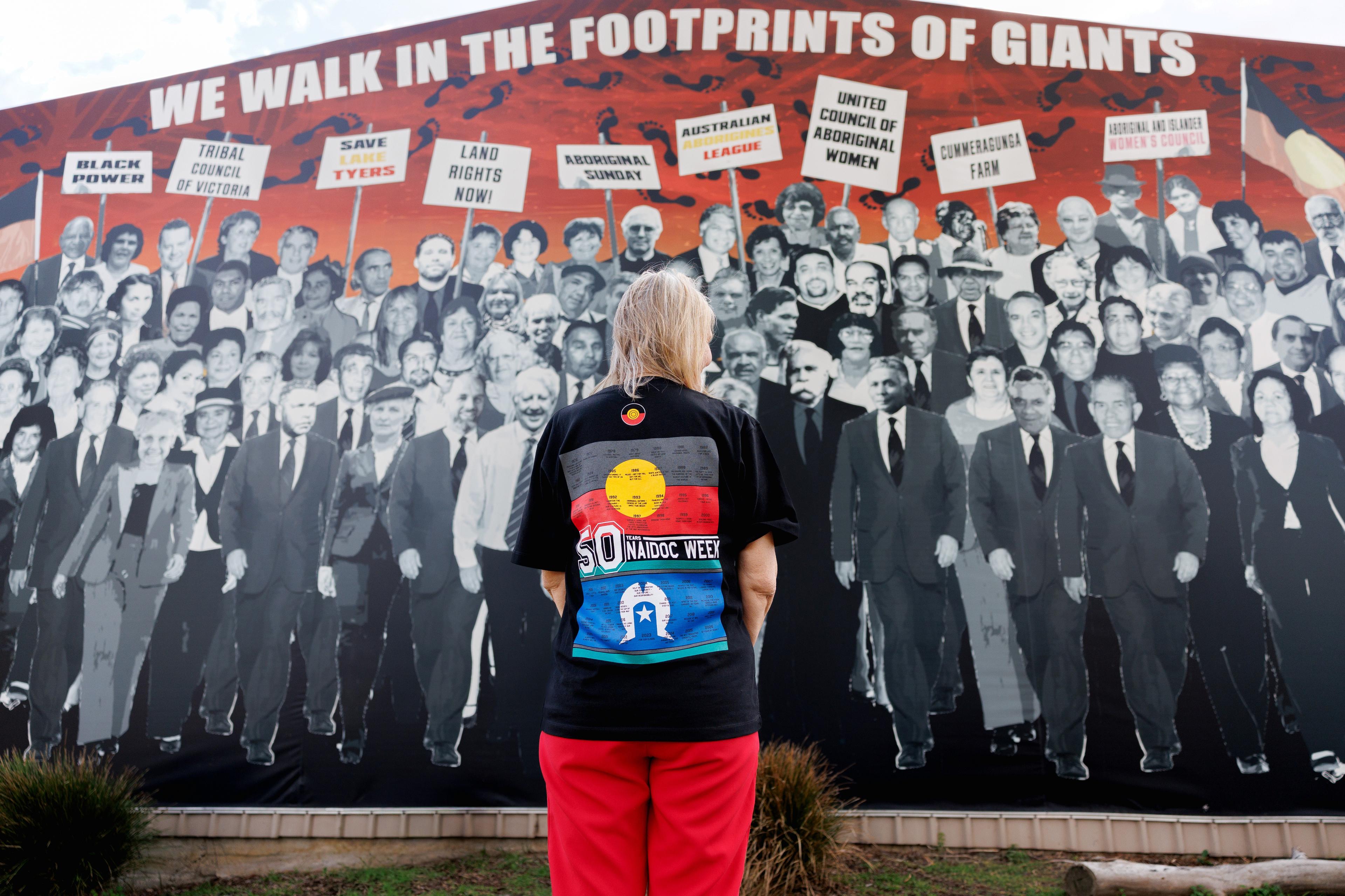 A person facing away from the camera wearing a t-shirt with the Aboriginal and Torres Strait Island flags on it, they are standing in front of a mural of prominent Aboriginal and Torres Strait Island people throughout history with a message at the top of the mural that says: "We walk in the footprints of giants".