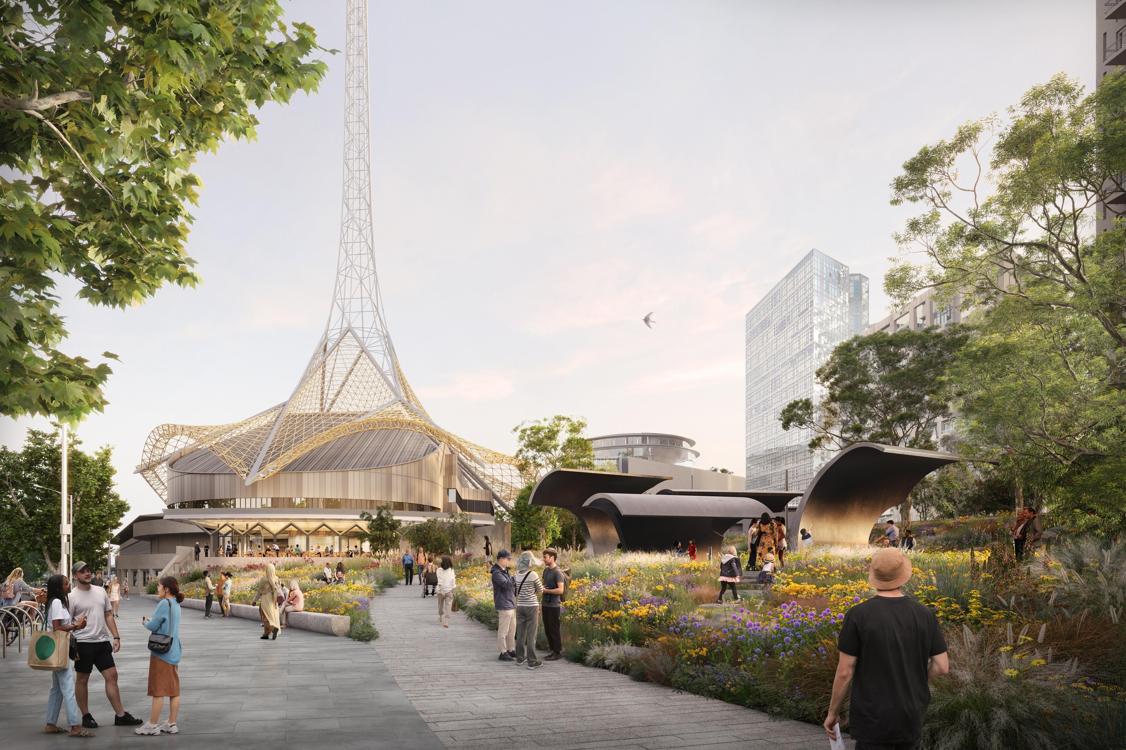 Architectural render of Arts Centre Melbourne's redeveloped exterior and gardens in daytime.