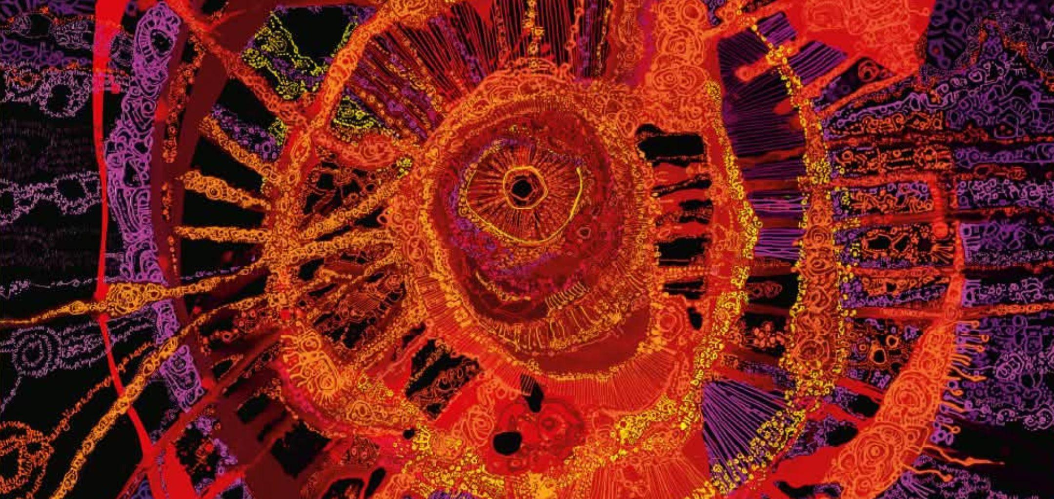 Burnt orange, red and purple coloured modern Aboriginal artwork for NAIDOC Week at ACMI.