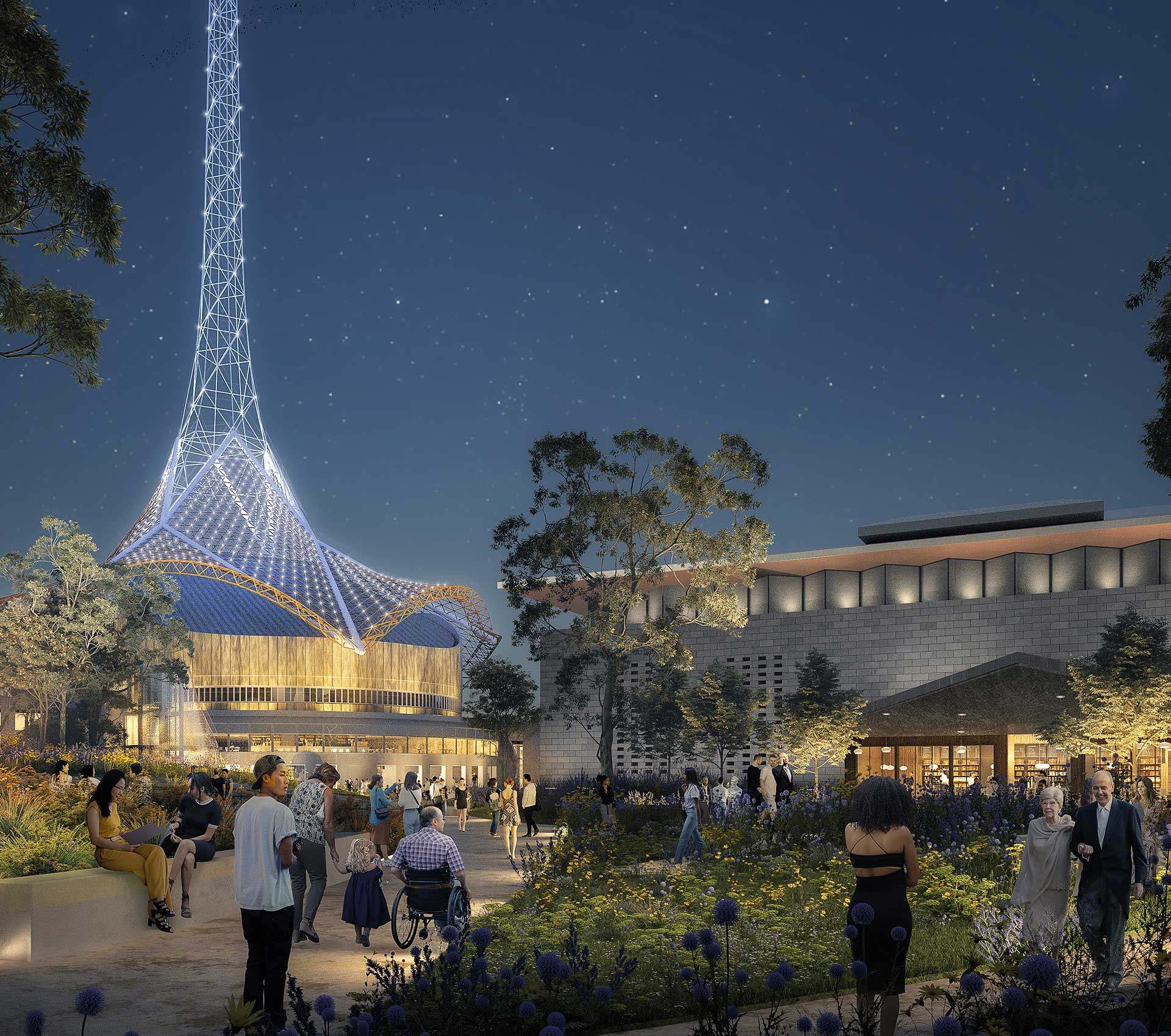 An artist render of many people enjoying the Laak Boorndap garden at night, the Arts Centre spire and NGV International buildings are in the background.
