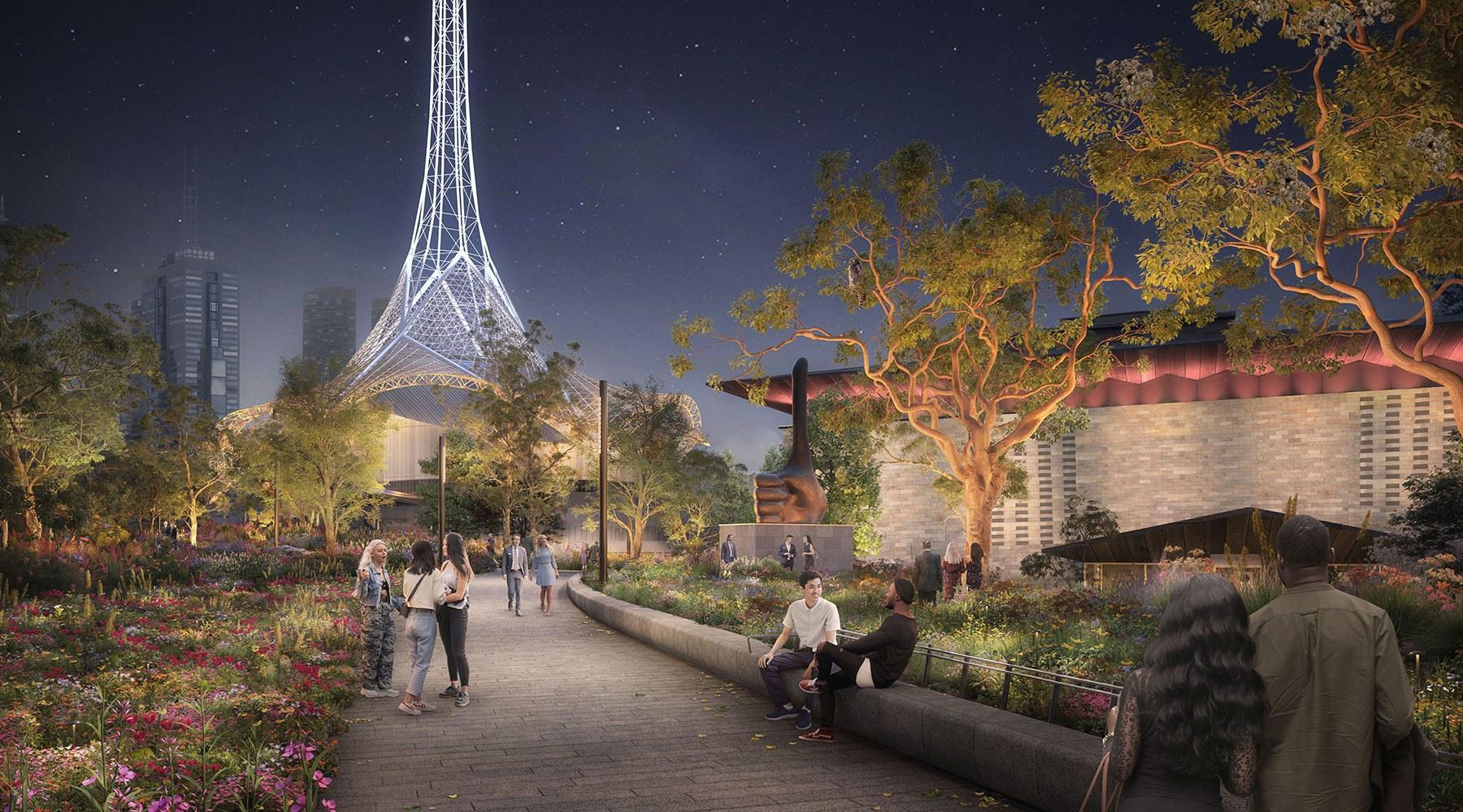 A render of groups of people enjoying the Laak Boorndap garden night with the Arts Centre spire, and NGV International in the background.