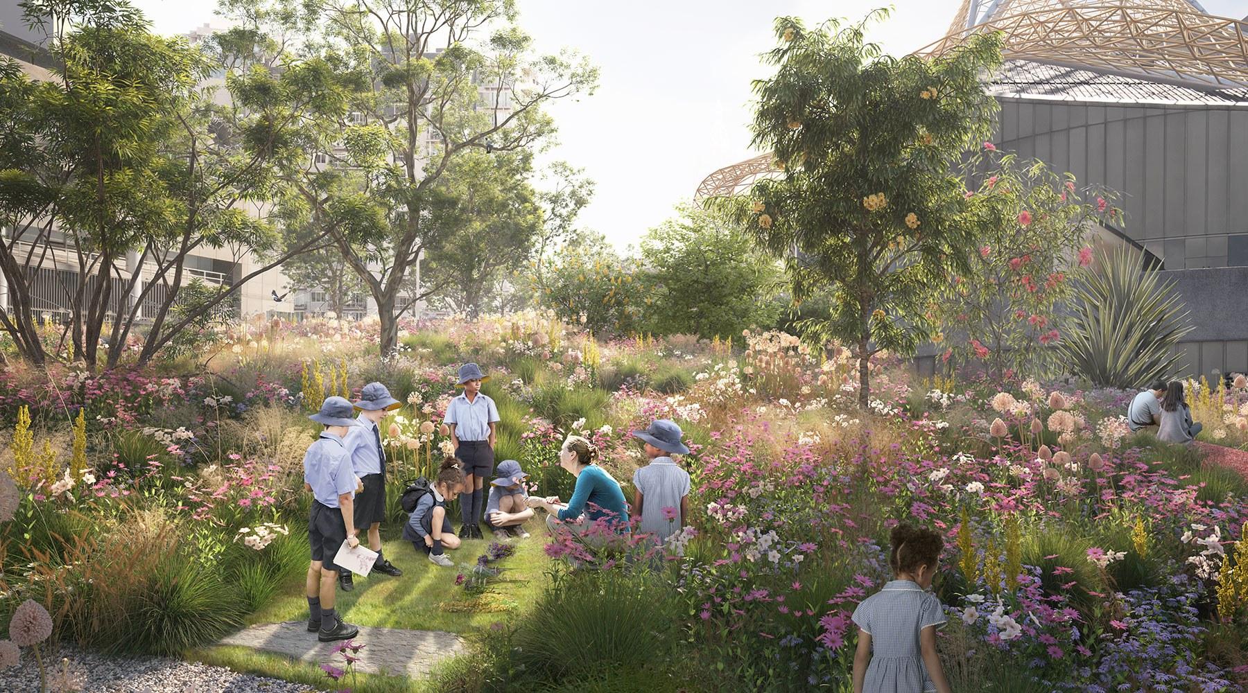 A concept render of the Laak Boorndap garden with in groups interacting with plants throuhgout the garden. The Arts Centre spire is in the background.