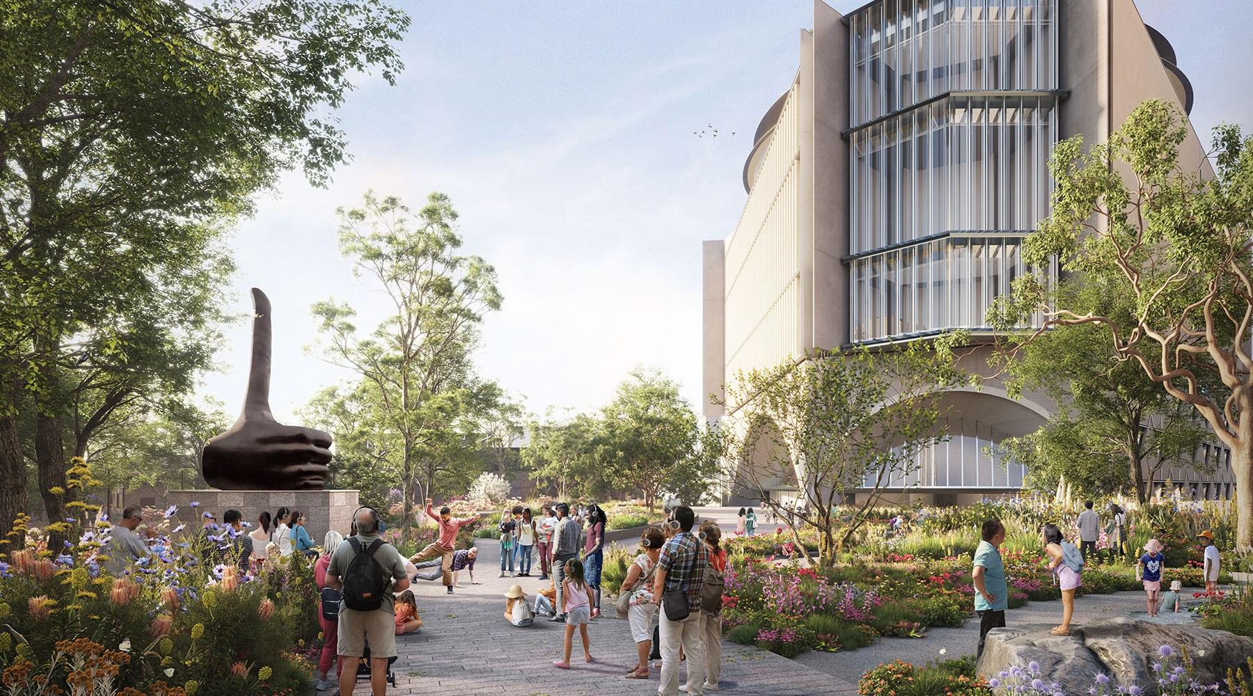A render of the NGV Contemporary with gardens out the front and lots of families walking through the garden to the gallery.