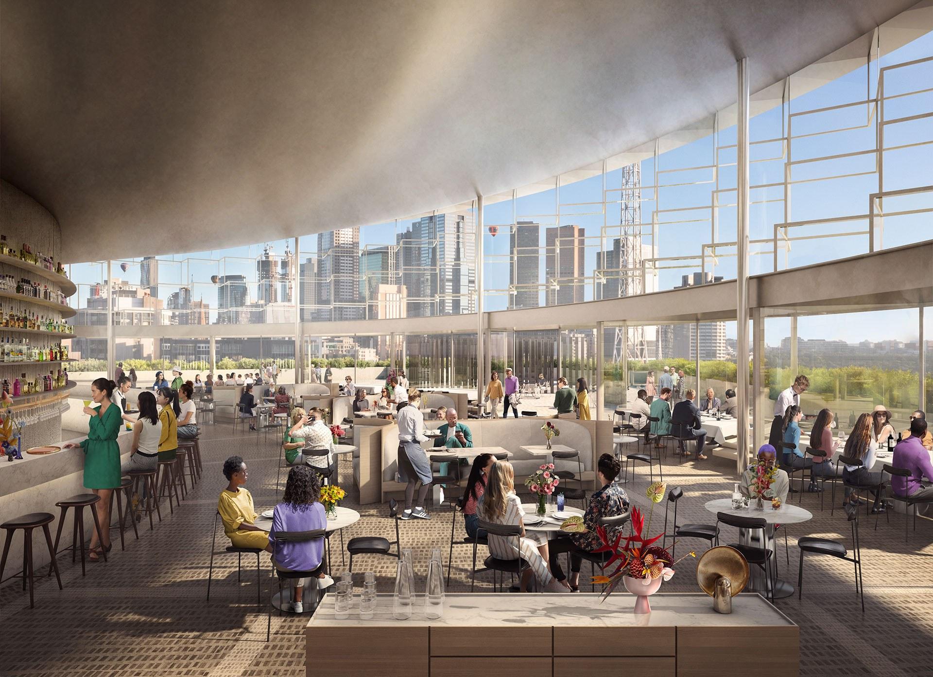 Render of the interior cafe space inside NGV Contemporary, groups of people are seated and enjoying the cafe and view.