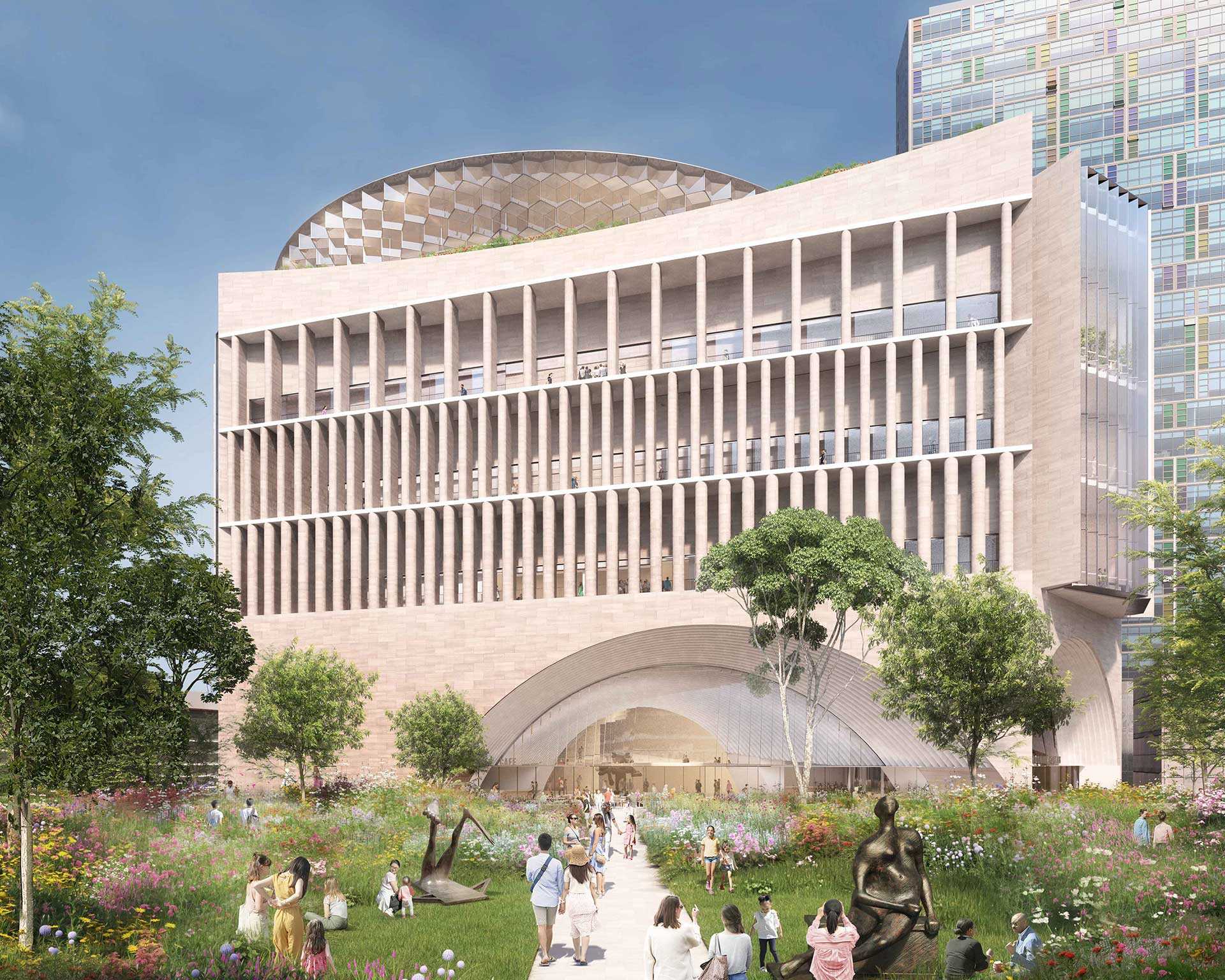 Render of the NGV Contemporary garden area in daylight, groups of people are enjoying the space.