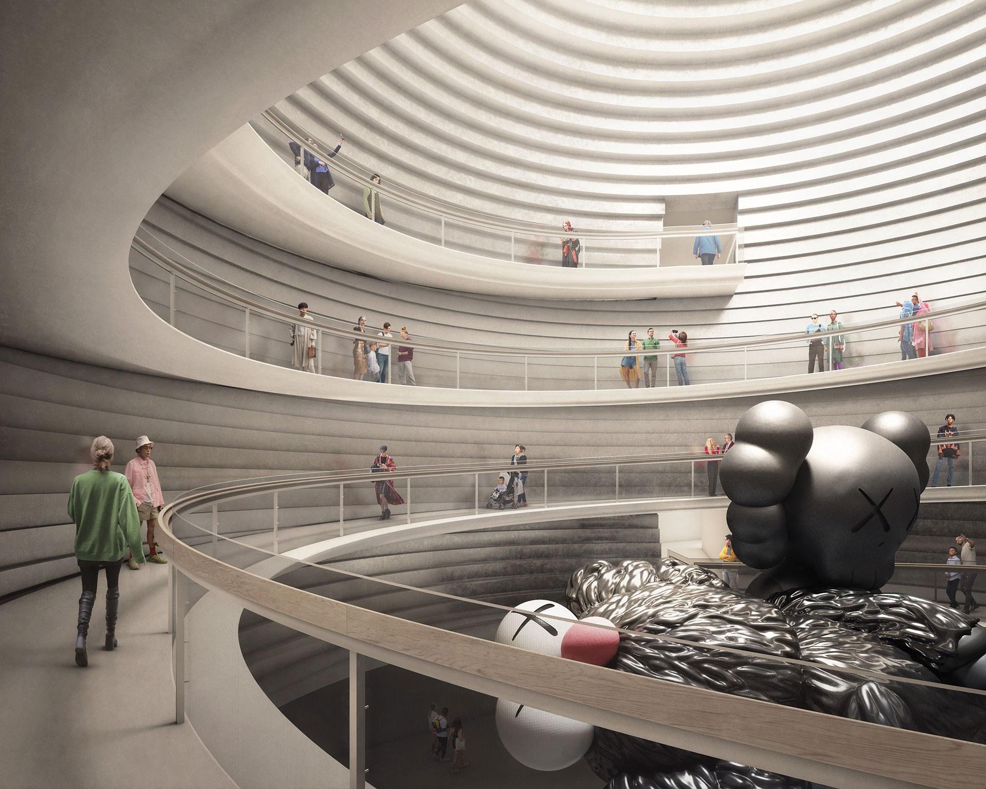 Render the main walkway through NGV Contemporary with a large KAWS sculpture head displayed.