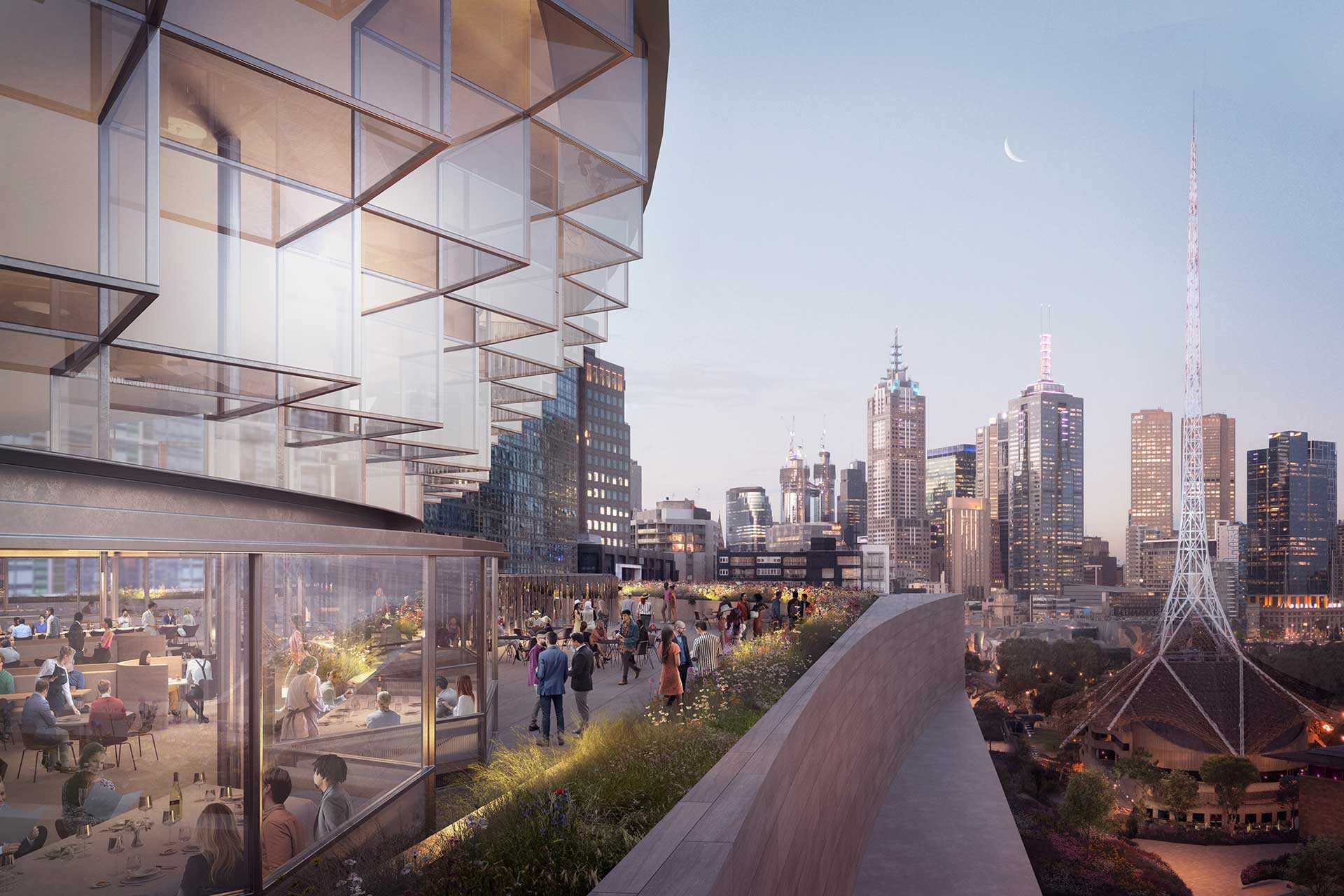 Render of a rooftop cafe atop the NGV Contemporary building overlooking the Arts Centre spire.