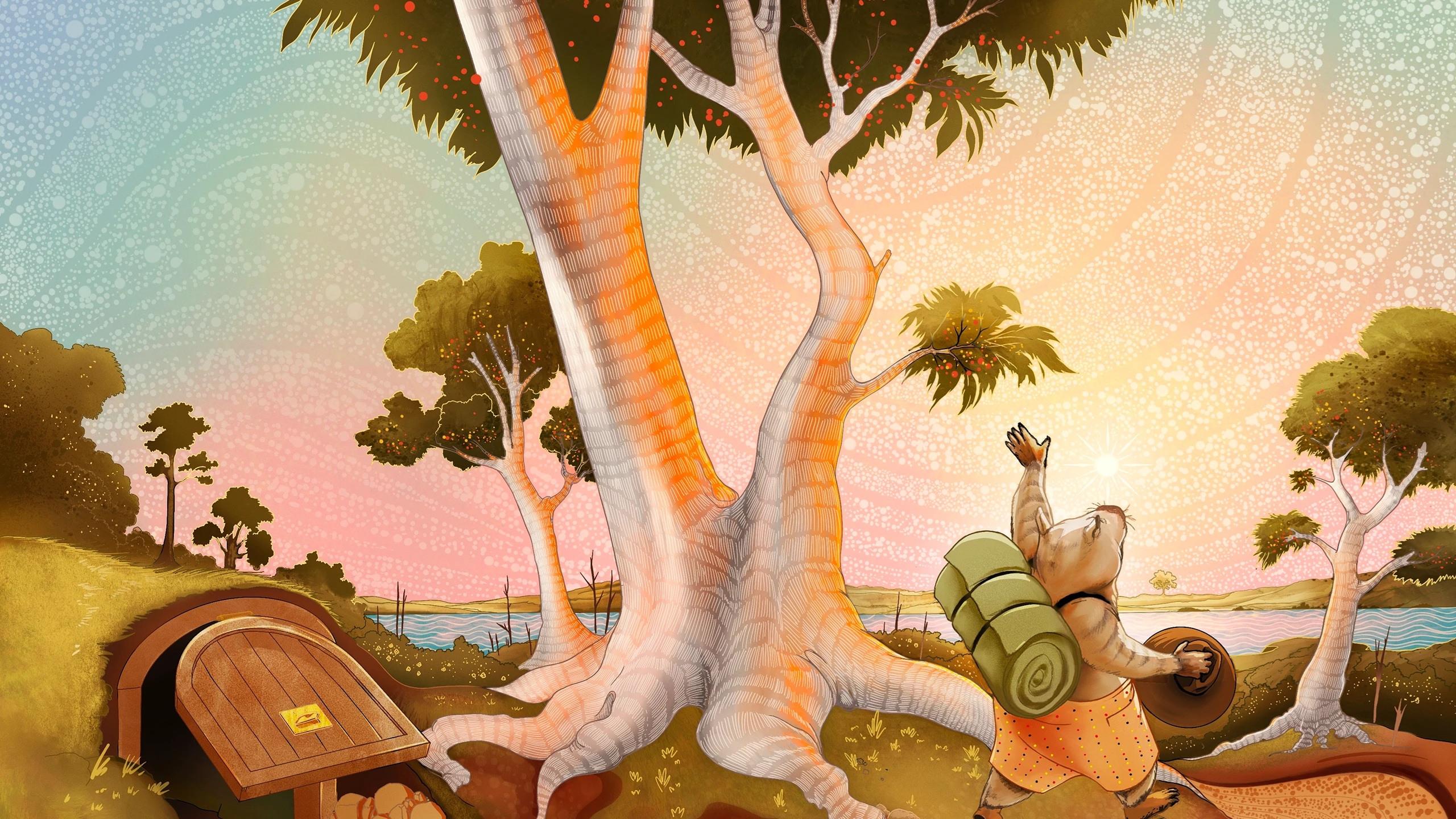 A painting of a humanoid wombat waving to the sun with a large eucalytus tree in the foreground.
